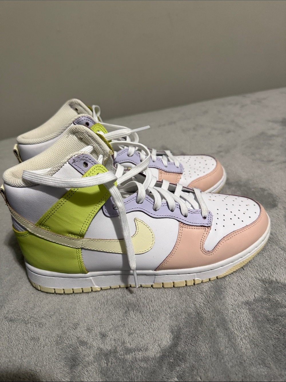 Nike High-Top Sneakers in Pastel Pink, Lavender, Lime and Cream. Lemon Twist Dun